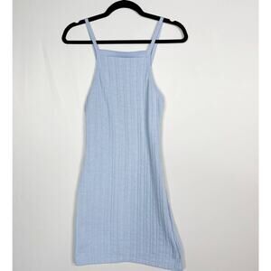 Zara M Light Blue Bodycon Knit Mini Dress Cable Weave Straight Neck Drop Back
